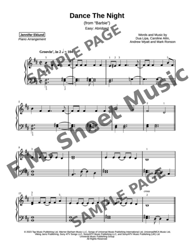 Dance The Night (Easy Piano) By Dua Lipa - F.M. Sheet Music - Pop ...